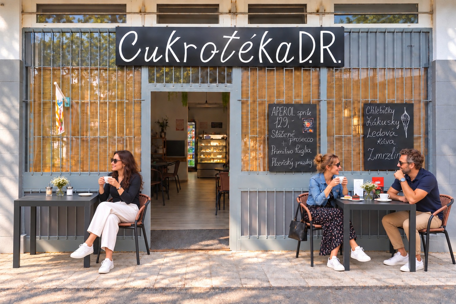 Průčelí Cukrotéky D.R. s letním posezením a hosty